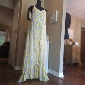 marea Maxi Sundress Button Front Assymetrical Hemline Ruffles Pink White Green